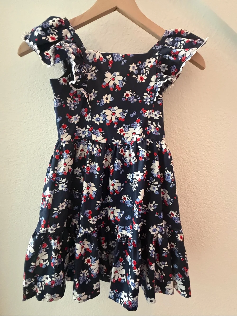 Janie and Jack Navy Floral Ruffle Dress with Red and White Accents- - Size 8